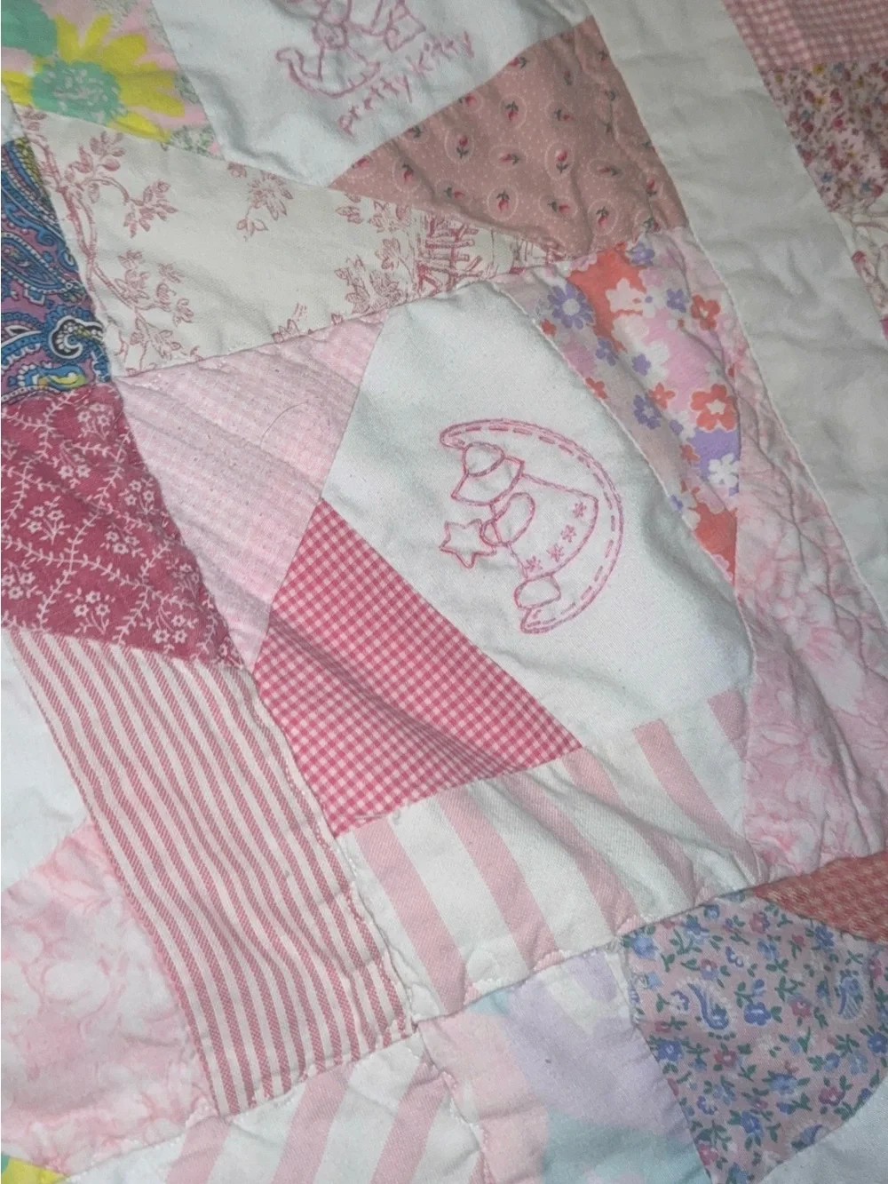 Handmade Pink Patchwork Quilt - Soft Floral & Embroidered Design